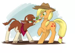 Size: 1704x1207 | Tagged: applejack, arizona cow, artist:atteez, bandana, button mash, cloven hooves, community related, cow, crossover, derpibooru import, female, hat, propeller hat, safe, them's fightin' herds