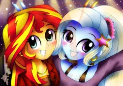 Size: 1024x713 | Tagged: safe, artist:shikimaakemi, derpibooru import, sunset shimmer, trixie, equestria girls, bunny ears, bunny ears (gesture), clothes, cute, diatrixes, female, lesbian, looking at you, shimmerbetes, shipping, signature, smiling, suntrix, watermark