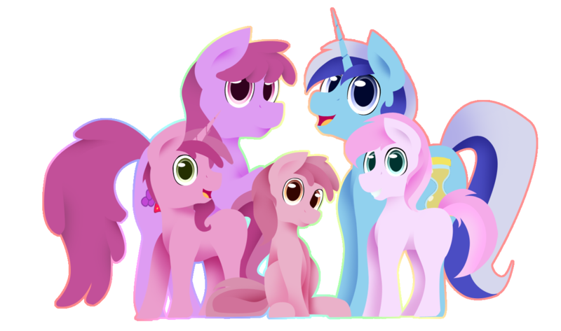 Size: 1300x768 | Tagged: artist:flashbrush, berrygate, berry punch, berryshine, coronet, derpibooru import, family, female, lesbian, magical lesbian spawn, minuette, offspring, parent:berry punch, parent:minuette, parents:berrygate, piña colada, ruby pinch, safe, shipping, smiling