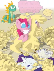 Size: 1024x1347 | Tagged: alpaca, artist:firefanatic, community related, coughing, crossover, derpibooru import, dragon, floppy ears, fluffy, hybrid, longma, paprika paca, pinkie pie, pun, rarity, safe, sweat, sweatdrop, them's fightin' herds, tianhuo