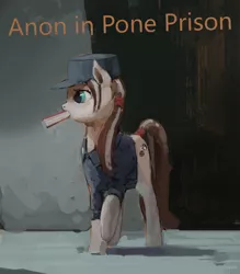 Size: 828x946 | Tagged: anon in pone prison, artist:rhorse, baton, derpibooru import, mouth hold, oc, oc:cookies n' cream, safe, unofficial characters only