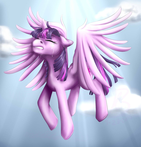 Size: 1280x1343 | Tagged: safe, artist:senpaimisskitty, derpibooru import, twilight sparkle, twilight sparkle (alicorn), alicorn, pony, crying, eyes closed, female, flying, mare, solo, twilight can't fly