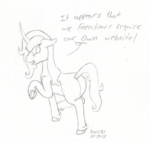 Size: 1468x1392 | Tagged: safe, artist:hericks, derpibooru import, oleander (tfh), classical unicorn, unicorn, them's fightin' herds, butt, cloven hooves, community related, leonine tail, monochrome, mouthpiece, plot, rant, sketch, underhoof, unshorn fetlocks