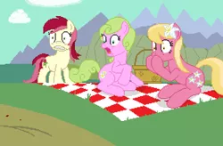 Size: 608x398 | Tagged: artist:herooftime1000, daisy, derpibooru import, flower, flower in hair, flower trio, flower wishes, lily, lily valley, octavia in the underworld's cello, picnic, roseluck, safe, shocked