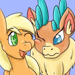 Size: 2000x2000 | Tagged: safe, artist:billysan727, derpibooru import, applejack, velvet reindeer, deer, reindeer, them's fightin' herds, cheek squish, community related, crossover, duo, freckles, open mouth, squishy cheeks