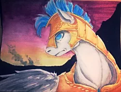 Size: 900x680 | Tagged: armor, artist:sugarheartart, bust, derpibooru import, frown, glare, portrait, royal guard, safe, solo, traditional art, twilight (astronomy)