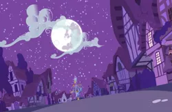 Size: 2000x1300 | Tagged: safe, artist:theroyalprincesses, derpibooru import, city, cityscape, cloud, cloudy, mare in the moon, moon, night, ponyville, scenery, stars, time paradox, twilight's castle