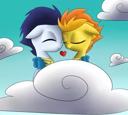 Size: 2000x1800 | Tagged: safe, artist:yourfavoritelove, derpibooru import, soarin', spitfire, pony, cloud, cloudy, eyes closed, female, floppy ears, heart, male, nuzzling, shipping, smiling, soarinfire, straight