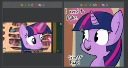 Size: 1242x662 | Tagged: safe, artist:tjpones, derpibooru import, twilight sparkle, twilight sparkle (alicorn), alicorn, pony, derpibooru, implied vomit, juxtaposition, meta, solo