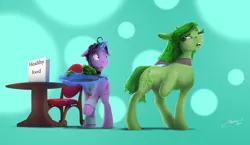 Size: 2406x1400 | Tagged: safe, artist:mechagen, derpibooru import, ponified, earth pony, pony, unicorn, broccoli, disgust (inside out), duo, fear (inside out), food, inside out, magic, pixar