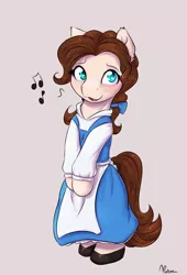 Size: 950x1400 | Tagged: safe, artist:alasou, deleted from derpibooru, derpibooru import, oc, oc:novël scribe, unofficial characters only, pony, beauty and the beast, belle, bipedal, clothes, commission, cosplay, costume, crossover, disney, music notes, nightmare night, nightmare night costume, open mouth, peasant, signature, solo
