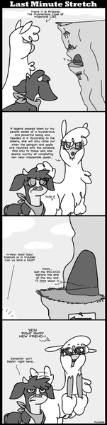 Size: 510x2020 | Tagged: alpaca, arizona cow, artist:ryuspike, bandana, cloven hooves, comic, community related, cow, derpibooru import, female, grayscale, monochrome, paprika paca, safe, tail wag, them's fightin' herds