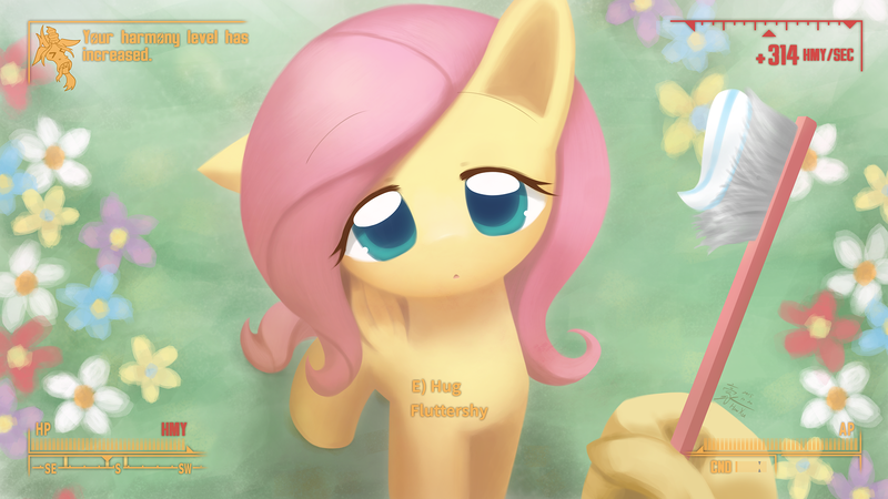 Size: 1920x1080 | Tagged: safe, artist:howxu, derpibooru import, fluttershy, pegasus, pony, :<, :o, cute, fallout, female, floppy ears, hand, harmony, hnnng, howxu is trying to murder us, hud, incoming hug, lidded eyes, looking at you, looking up, offscreen character, open mouth, pipboy, pov, radiation, shyabetes, solo, toothbrush, toothpaste, wallpaper, weapons-grade cute