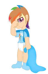 Size: 722x1106 | Tagged: age regression, artist:the-crusader-network, blanket, cute, derpibooru import, diaper, human, humanized, pullup (diaper), rainbow dash, safe