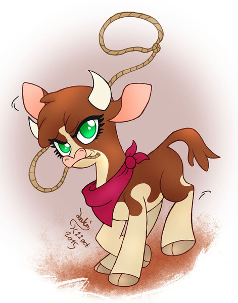 Size: 880x1120 | Tagged: arizona cow, artist:joakaha, bandana, cloven hooves, community related, cow, derpibooru import, female, lasso, rope, safe, signature, solo, them's fightin' herds