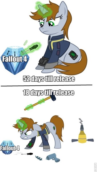 Size: 543x960 | Tagged: safe, artist:outlawedtofu, derpibooru import, oc, oc:littlepip, unofficial characters only, pony, unicorn, fallout equestria, fanfic, princess twilight sparkle (episode), angry, clothes, fallout, fallout 4, fanfic art, female, freckles, funny, glowing horn, hammer, hooves, horn, jackhammer, levitation, lockpicking, magic, mare, mystery box of plot importance, pipbuck, power drill, release date, screwdriver, simple background, sledgehammer, solo, teeth, telekinesis, text, vault suit, vector, white background