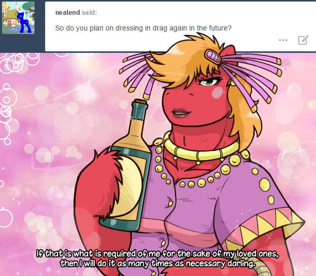 Size: 623x543 | Tagged: safe, artist:redhotkick, derpibooru import, big macintosh, earth pony, pony, ask big red macintosh, alcohol, battle tendency, crossdressing, food, jojo's bizarre adventure, joseph joestar, male, parody, stallion, tequila, tequila joseph