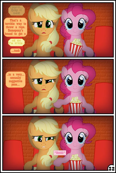 Size: 3254x4837 | Tagged: suggestive, artist:gutovi, derpibooru import, applejack, pinkie pie, vinyl scratch, pony, comic:why me!?, absurd resolution, applepie, awkward, comic, female, food, lesbian, not sure if want, one sided shipping, popcorn, porn movie theater, shipping, theater