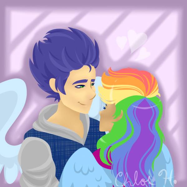 Size: 900x900 | Tagged: safe, artist:frostykat13, derpibooru import, rainbow dash, soarin', human, female, humanized, male, not flash sentry, shipping, soarindash, straight, winged humanization, wings