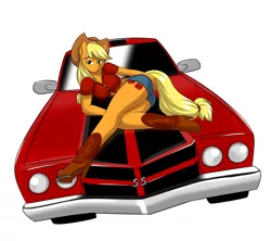Size: 4608x4096 | Tagged: 1970 chevelle, absurd resolution, anthro, applejack, applejack's hat, artist:kloudmutt, artist:sergeantbuck, bedroom eyes, big breasts, boots, breasts, busty applejack, car, chevelle, chevelle ss, chevrolet, clothes, cowboy boots, cowboy hat, daisy dukes, denim, denim shorts, derpibooru import, female, front knot midriff, hair tie, hat, high heel boots, hot pants, looking at you, midriff, pinup, ponytail, pose, sexy, shoes, shorts, simple background, solo, solo female, stetson, suggestive, sultry pose, tight clothing, unguligrade anthro, vehicle, white background