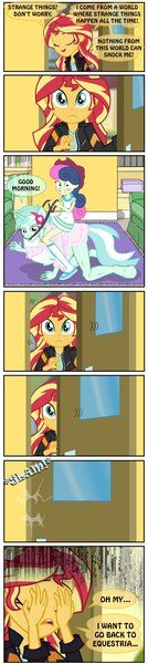 Size: 936x4202 | Tagged: suggestive, artist:ponymaan, derpibooru import, bon bon, lyra heartstrings, sunset shimmer, sweetie drops, oc, anthro, pony, unguligrade anthro, comic:by skywalker's hand, comic:lyra-lyra's bizarre adventure, equestria girls, friendship games, rainbow rocks, bathrobe, breasts, busty lyra heartstrings, clothes, comic, do not want, female, fusion, hand, hat, house, human ponidox, implied sex, jewelry, necklace, nudity, riding, robe, rug, self ponidox, shocked