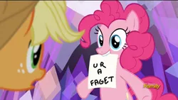 Size: 1280x720 | Tagged: applejack, derpibooru import, exploitable meme, faggot, frown, grin, hearthbreakers, meme, mouth hold, open mouth, pinkie pie, safe, screencap, smiling, the pie's paper meme, ur a faget, vulgar