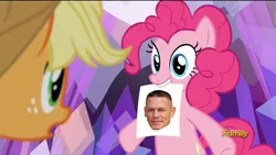 Size: 1280x720 | Tagged: applejack, derpibooru import, edit, edited screencap, hearthbreakers, john cena, mouth hold, pinkie pie, safe, screencap, solo, the pie's paper meme, wwe