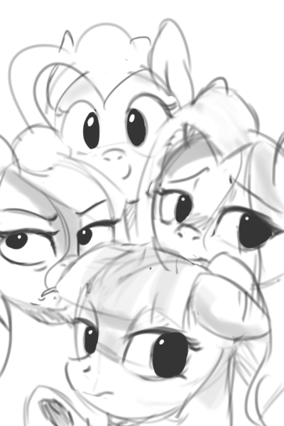 Size: 1600x2400 | Tagged: artist:mrscurlystyles, boulder (pet), cute, derpibooru import, diabetes, female, grayscale, hearthbreakers, limestone pie, looking at you, marble pie, maud pie, monochrome, pie sisters, pinkie pie, safe, siblings, sisters