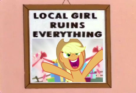 Size: 460x315 | Tagged: safe, derpibooru import, screencap, applejack, earth pony, pony, hearthbreakers, everything is ruined, female, happlejack, happy, hearth's warming, hooves up, local mare ruins everything, mare, meme, open mouth, picture, picture frame, ruined, smiling, solo, text, the simpsons, uvula, worst pony
