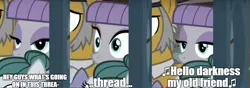 Size: 1052x370 | Tagged: caption, derpibooru import, edit, edited screencap, hearthbreakers, hello darkness my old friend, maud pie, reaction image, safe, screencap, simon and garfunkel, the sound of silence, what's going on in this thread, wide eyes