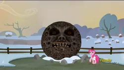 Size: 1280x720 | Tagged: safe, derpibooru import, edit, edited screencap, screencap, pinkie pie, earth pony, pony, hearthbreakers, bag, discovery family logo, female, fence, holder's boulder, holder's new boulder meme, mare, moon, raised hoof, saddle bag, solo, termina's moon, the legend of zelda, the legend of zelda: majora's mask, tree, winter