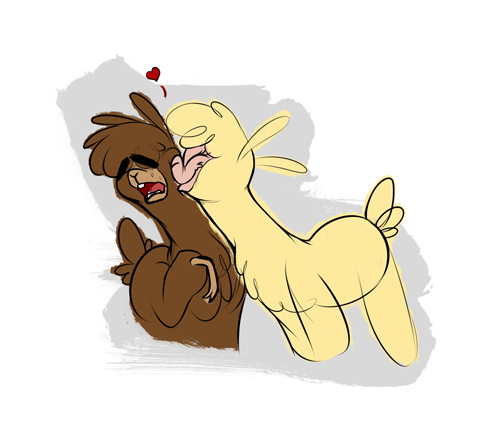 Size: 480x422 | Tagged: adobo, alpaca, artist:nappyrat, community related, derpibooru import, do not want, kissing, kiss on the cheek, official art, paprika paca, safe, that alpaca sure does love kisses, them's fightin' herds
