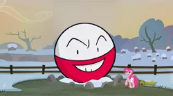 Size: 1277x714 | Tagged: safe, derpibooru import, edit, edited screencap, screencap, pinkie pie, earth pony, pony, hearthbreakers, bag, discovery family logo, electrode, female, fence, grin, holder's boulder, holder's new boulder meme, mare, pokémon, raised hoof, saddle bag, smiling, snow, this will end in death, this will end in explosions, tree, winter