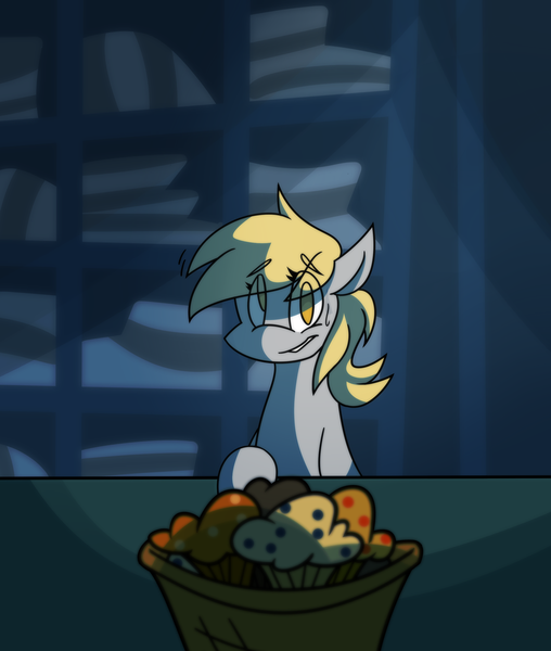 Size: 1024x1210 | Tagged: safe, artist:cinnamonsand, derpibooru import, derpy hooves, pegasus, pony, slice of life (episode), basket, female, food, mare, muffin, scene interpretation, solo