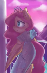 Size: 1700x2600 | Tagged: safe, artist:mrscurlystyles, derpibooru import, fluttershy, pegasus, pony, beautiful, clothes, cute, dress, elsa, female, flutterelsa, frozen (movie), jewelry, let it go, mare, princess, scene interpretation, see-through, shyabetes, solo, tiara