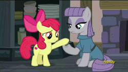 Size: 800x450 | Tagged: animated, apple bloom, boulder (pet), derpibooru import, hearthbreakers, maud pie, petting, safe