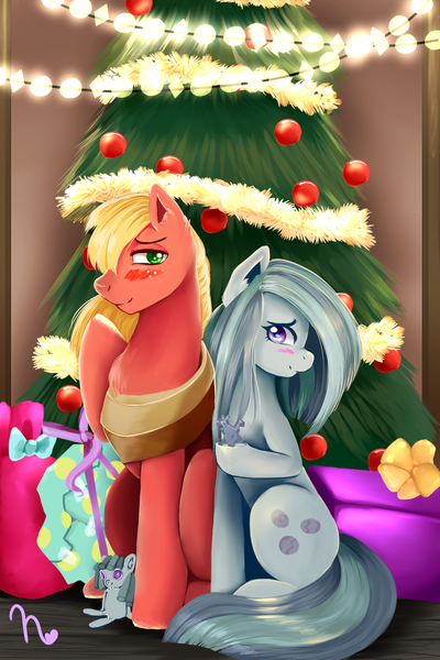 Size: 1000x1500 | Tagged: safe, artist:kitsunehino, derpibooru import, big macintosh, marble pie, smarty pants, earth pony, pony, hearthbreakers, christmas, christmas tree, female, hearth's warming eve, holiday, male, marblemac, present, shipping, stallion, straight, tree