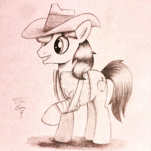 Size: 1024x1024 | Tagged: appleoosa's most wanted, artist:theasce, braeburn, broken leg, derpibooru import, monochrome, safe, solo, traditional art