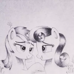 Size: 1024x1024 | Tagged: safe, artist:theasce, derpibooru import, bon bon, lyra heartstrings, sweetie drops, slice of life (episode), best friends, female, lesbian, lyrabon, monochrome, shipping, traditional art