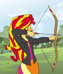 Size: 950x1116 | Tagged: safe, artist:sketchyjackie, derpibooru import, sunset shimmer, equestria girls, apple, apple tree, archery, arrow, bow (weapon), bow and arrow, clothes, jacket, leather jacket, skirt, solo, tree, weapon