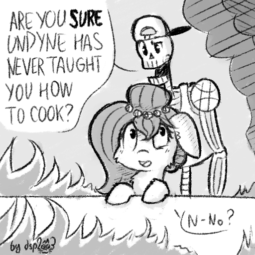 Size: 512x512 | Tagged: artist:dsp2003, bone, comic, crossover, cute, derpibooru import, fire, kitchen, monochrome, oc, oc:brownie bun, open mouth, papyrus, papyrus (undertale), property damage, safe, single panel, skeleton, sketch, smoke, this will end in tears and/or breakfast, undertale