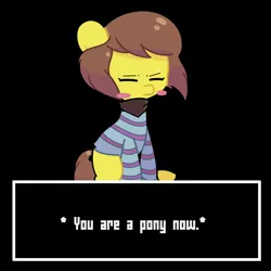 Size: 1280x1280 | Tagged: safe, artist:turtlefarminguy, derpibooru import, ponified, pony, :|, blush sticker, blushing, clothes, eyes closed, frisk, shirt, sitting, solo, undertale