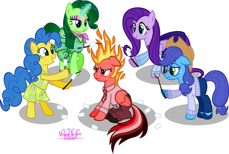 Size: 8519x5725 | Tagged: absurd resolution, anger (inside out), applejack, artist:meganlovesangrybirds, campfire, crossover, derpibooru import, disgust (inside out), fear (inside out), fire, fire hair, fluttershy, food, inside out, joy (inside out), mane of fire, marshmallow, marshmallows, mundane utility, pinkie pie, pixar, rainbow dash, rarity, rarity using marshmallows, sad, sadness (inside out), safe, unhapplejack, walking campfire