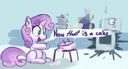 Size: 3300x1800 | Tagged: safe, artist:lilfunkman, derpibooru import, sweetie belle, pony, unicorn, bad cooking, cake, cooking, dialogue, female, filly, food, mare, solo, sweetie belle can't cook, sweetie fail