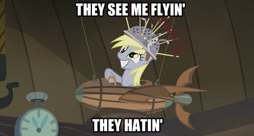 Size: 500x268 | Tagged: safe, derpibooru import, derpy hooves, pegasus, pony, slice of life (episode), 100th episode, caption, chamillionaire, female, image macro, mare, meme, muffin 1, plane, ridin dirty, text