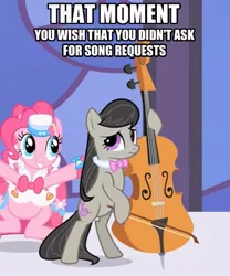 Size: 390x468 | Tagged: bipedal, bipedal leaning, bow (instrument), caption, cello, clothes, cropped, derpibooru import, dress, duo, edit, edited screencap, gala dress, hoof hold, image macro, leaning, meme, musical instrument, octavia melody, pinkie pie, safe, screencap, text, the best night ever