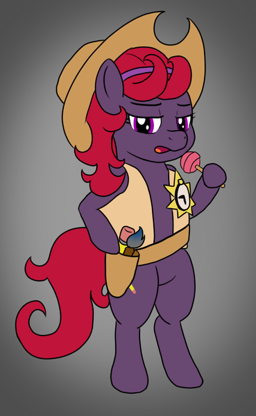 Size: 615x1000 | Tagged: safe, artist:phallen1, derpibooru import, oc, oc:quick draw, unofficial characters only, pony, 30 minute art challenge, applejack's hat, bad pun, badge, bipedal, candy, clothes, costume, cowboy hat, food, hat, holster, lollipop, nightmare night, obvious joke, paintbrush, pun, standing