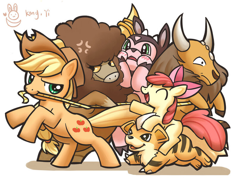 Size: 900x675 | Tagged: apple bloom, applejack, artist:kongyi, bouffalant, crossover, derpibooru import, growlithe, lasso, miltank, part of a set, pokémon, rope, safe, tauros