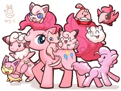 Size: 900x675 | Tagged: artist:kongyi, clefairy, crossover, cute, derpibooru import, diapinkes, ditto, flaaffy, happiny, jigglypuff, mew, part of a set, pink, pinkie pie, pokémon, safe, skitty, spritzee, swirlix