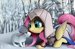 Size: 1624x1068 | Tagged: safe, artist:supermare, derpibooru import, fluttershy, pegasus, pony, rabbit, animal, assassin's creed, assassin's creed iii, clothes, connor kenway, crossover, female, mare, snow, solo, tree, winter